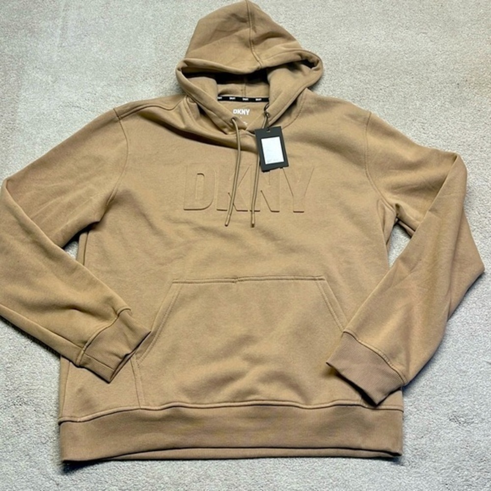 DKNY men's logo minamalist tan hoodie size large NEW WITH TAGS‎
